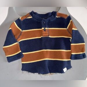 GAP Navy and Brown Striped Thermal Long Sleeve Tee, Rough Hem